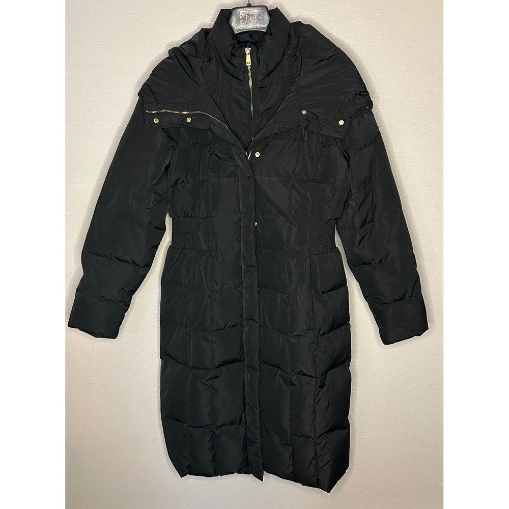 Cole Haan Signature Black Taffeta Down Coat Bib Front Dramatic Hood Women Medium